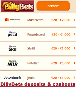 BillyBets deposits & cashouts