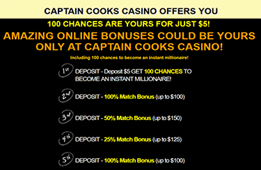 Captain Cooks Casino 🎖️ 100 Free Spins for $5