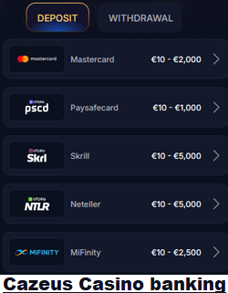 Cazeus Casino banking options