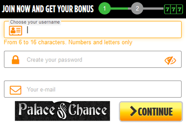 Palace Of Chance sign-up form