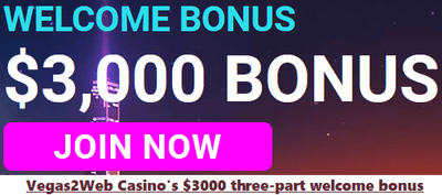 Vegas2Web's 3-part $/€3000 welcome bonus